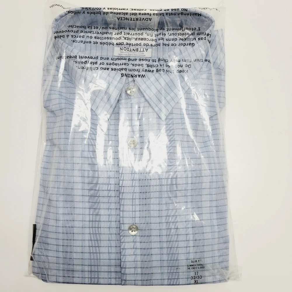 Calvin Klein STEEL+ Slim-Fit Non-Iron Stretch Blue Check Dress Shirt 17 32/33 XL - Picture 4 of 14